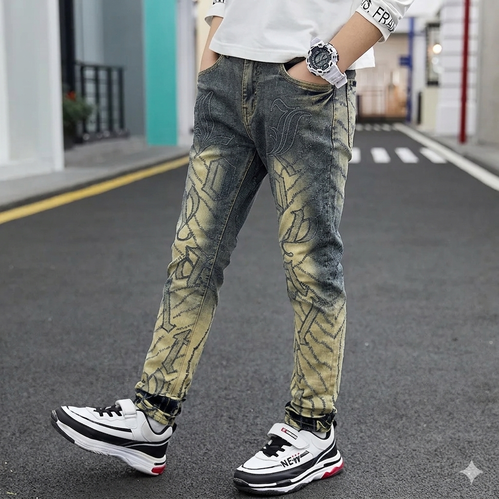 FOCUS LOYALTY KIDS JEANS RIP & REPAIR EMBROIDERY MULTI COLORS