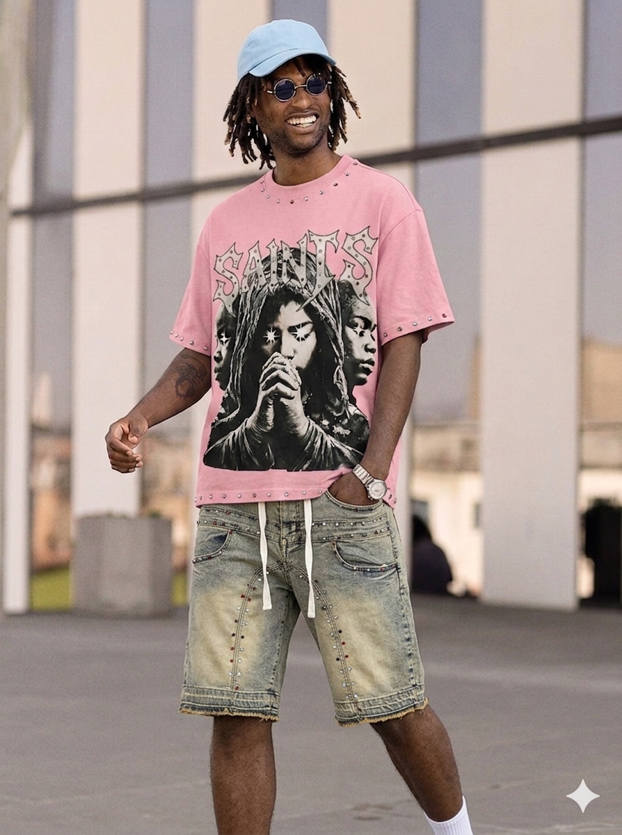 Focus Boxy Multi Stone Studded Saints T-Shirt Multi Colors