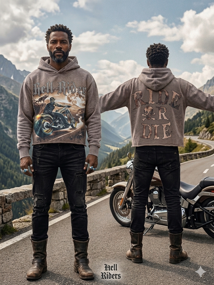 Focus Hell Rider Garment Dye Rhinestones Cropped Hoodie Multi Colors