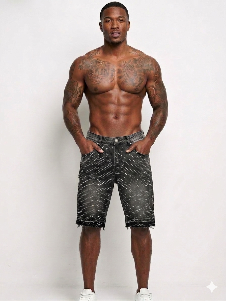 Focus All Over Stones Jeans Short With Chains Multi Colors