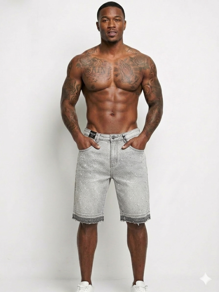 Focus All Over Stones Jeans Short With Chains Multi Colors
