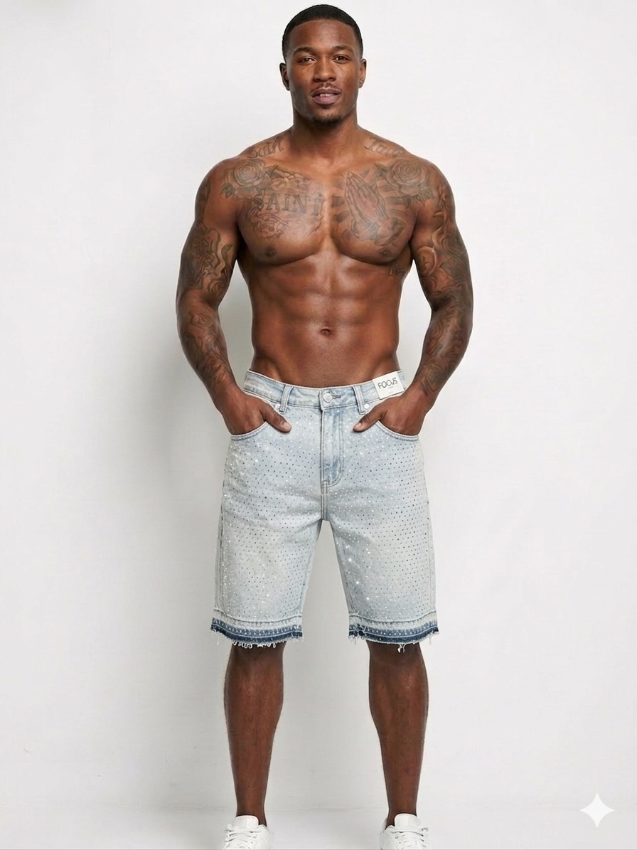Focus All Over Stones Jeans Short With Chains Multi Colors