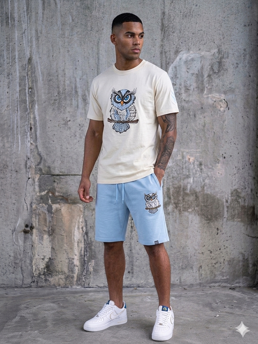 Denim City - Men Short Set - Woke Owl - White / Baby Blue