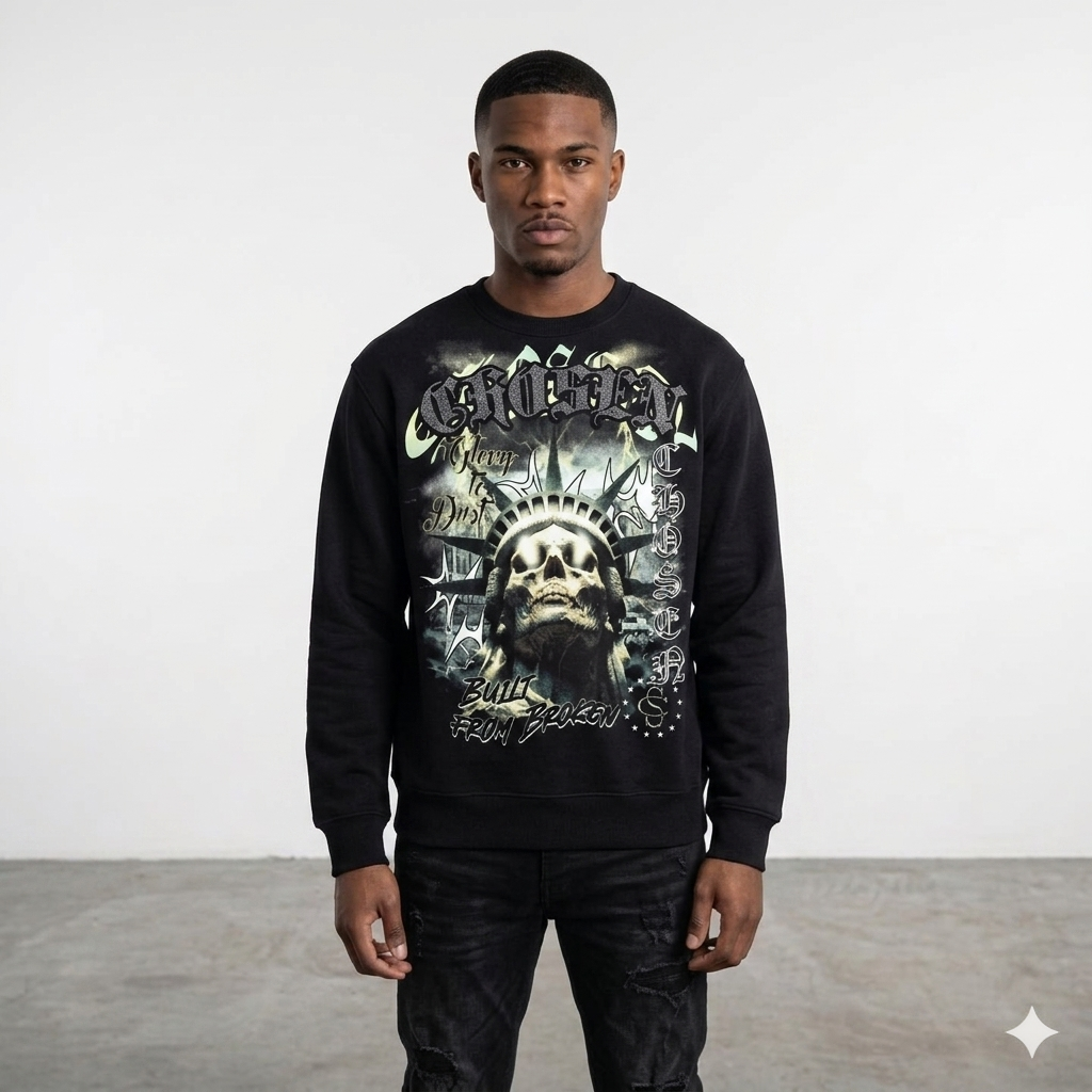 Forty Skull Rhinestone Crewneck Fleece Sweatshirt Multi Colors