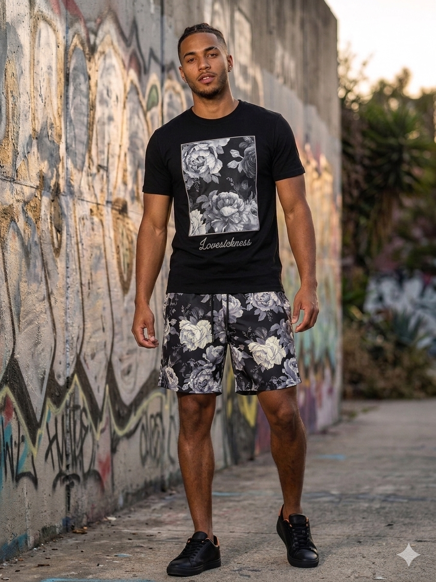 Rebel Minds Vintage Rose Board Mesh Short - Black