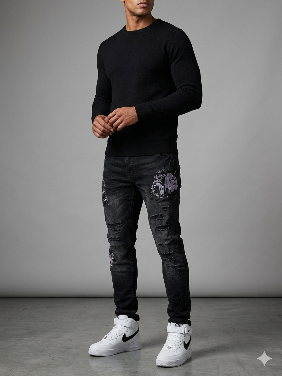 JORDAN CRAIG ETERNAL DARKNESS BLACK FLORAL EMBROIDERY JEANS