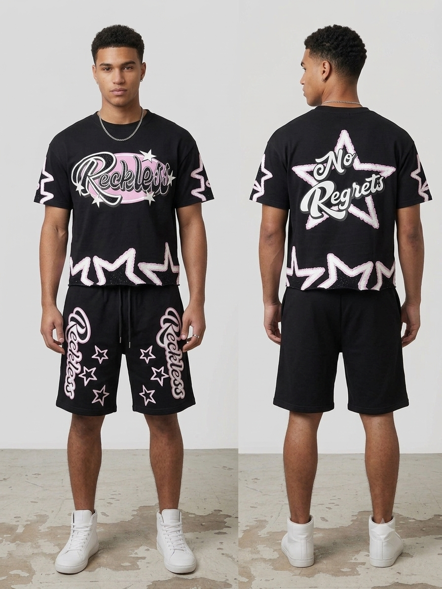Focus Reckless Rhinestone French Terry Short Set Multi Colors