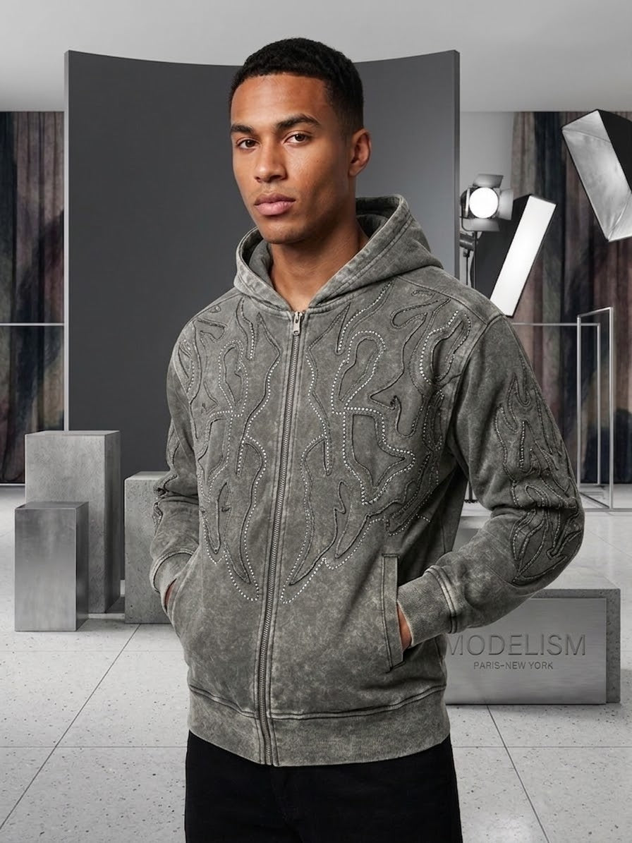 Pj Mark Tatto French Terry Acid Washed Zip up Hoodie Multi Colors