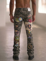 Focus Embroidered Patch Work Stacked Jeans Black Camo