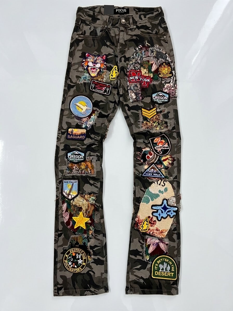 Focus Embroidered Patch Work Stacked Jeans Black Camo