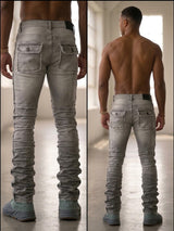Blind Trust Frayed with Pockets Stacked Jeans Grey