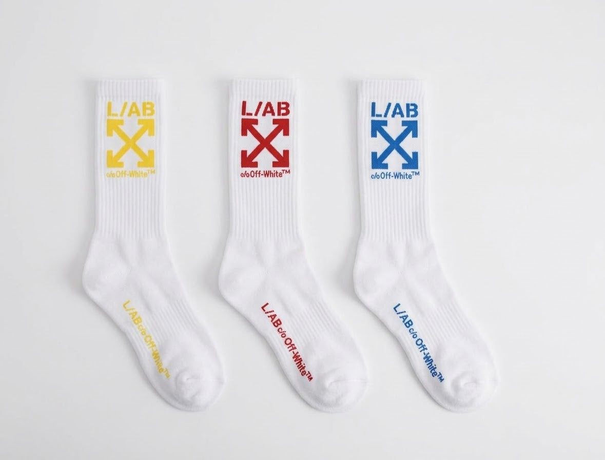 L/AB CO Off-White Clamp Arrows Mid Calf Crew Socks 3 Pack Multi Colors
