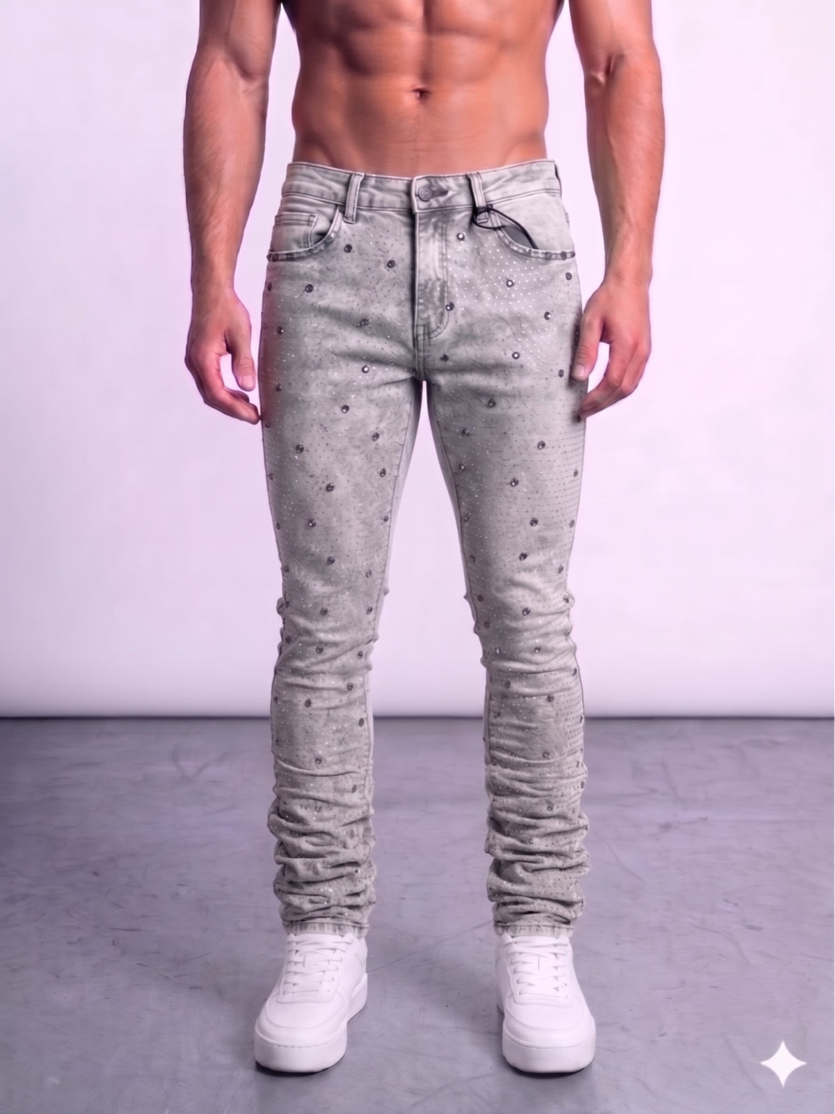 Focus Rhinestone Stud Stacked Jeans Multi Colors