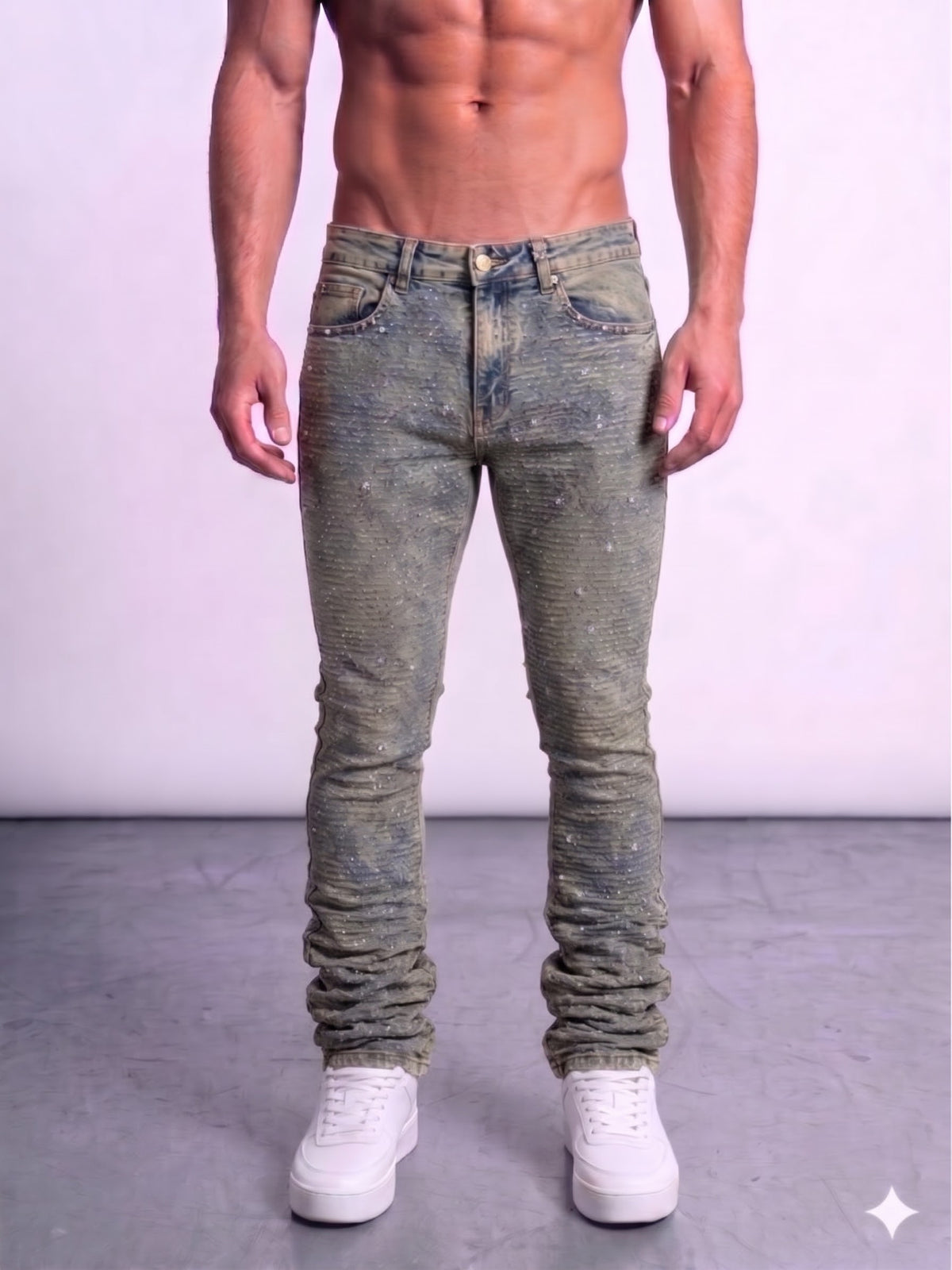 Focus Rhinestone Stud Stacked Jeans Multi Colors