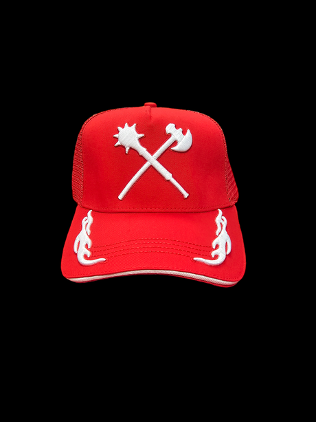 JUREN BLOCKING OUT THE BAD VIBES TRUCKER CAP HAT RED