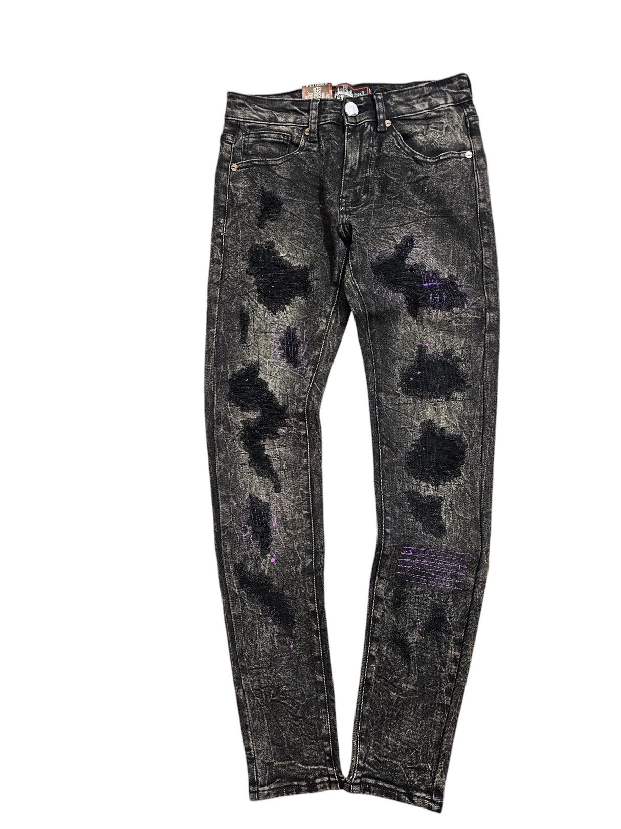 DENIM CITY SKINNY RIP & REPAIR JEANS BLACK SNOW WASH PURPLE STITCHES