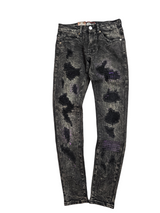 DENIM CITY SKINNY RIP & REPAIR JEANS BLACK SNOW WASH PURPLE STITCHES