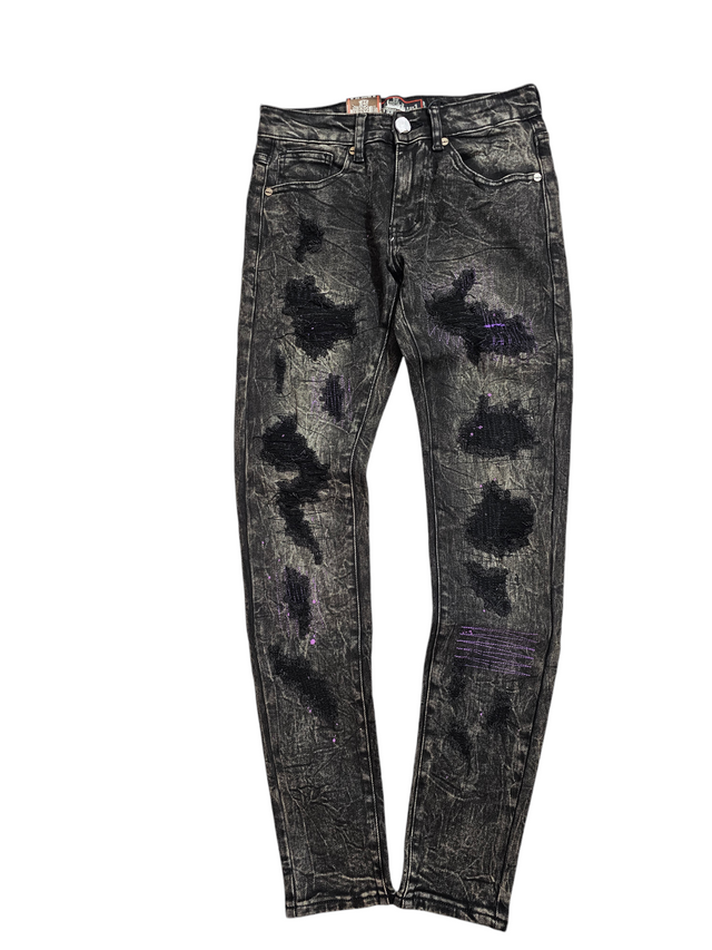 DENIM CITY SKINNY RIP & REPAIR JEANS BLACK SNOW WASH PURPLE STITCHES