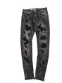 DENIM CITY SKINNY RIP & REPAIR JEANS BLACK SNOW WASH PURPLE STITCHES