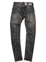 DENIM CITY SKINNY RIP & REPAIR JEANS BLACK SNOW WASH PURPLE STITCHES