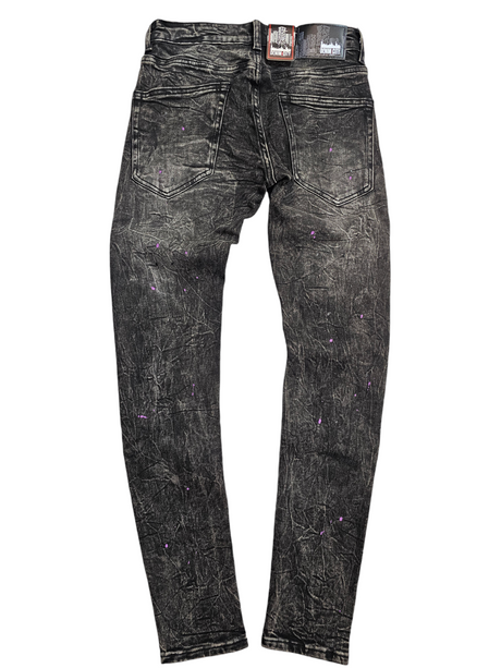 DENIM CITY SKINNY RIP & REPAIR JEANS BLACK SNOW WASH PURPLE STITCHES