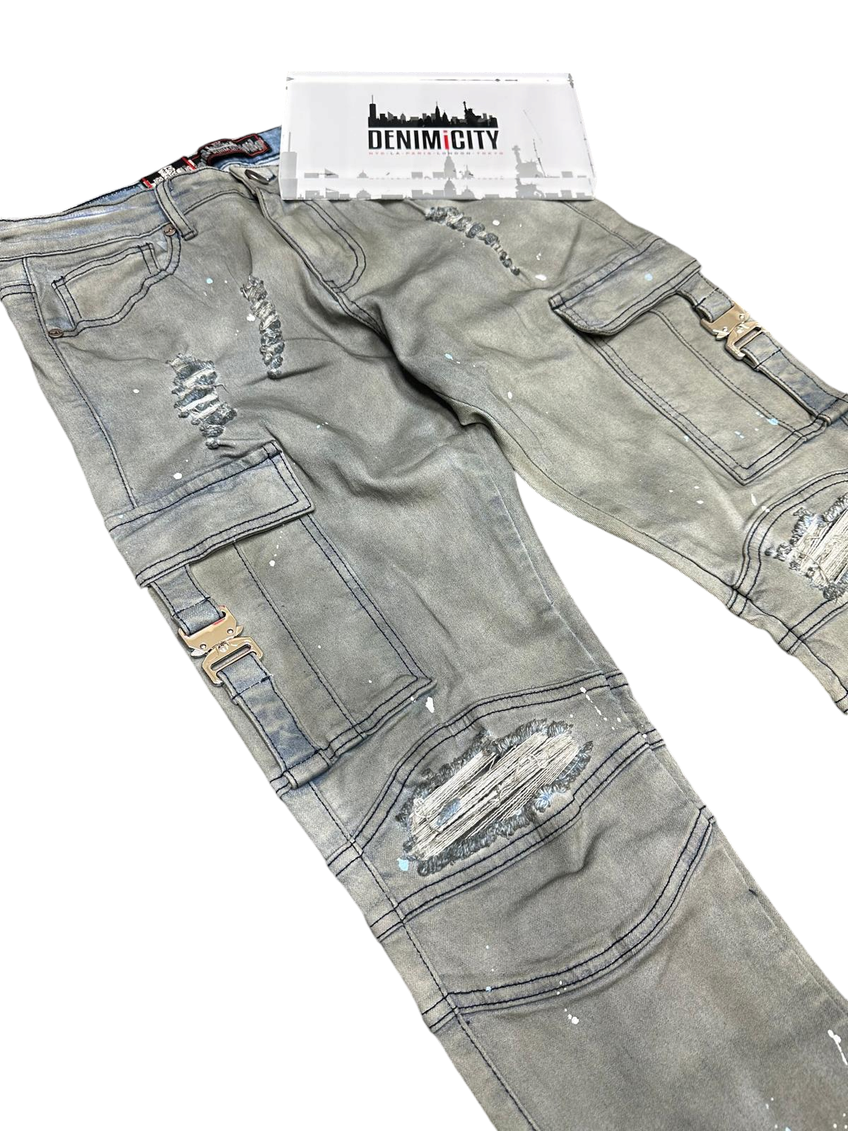 DENIM CITY SKINNY JEANS MECHANIC BLUE WASH CARGO METAL SNAP DENIM