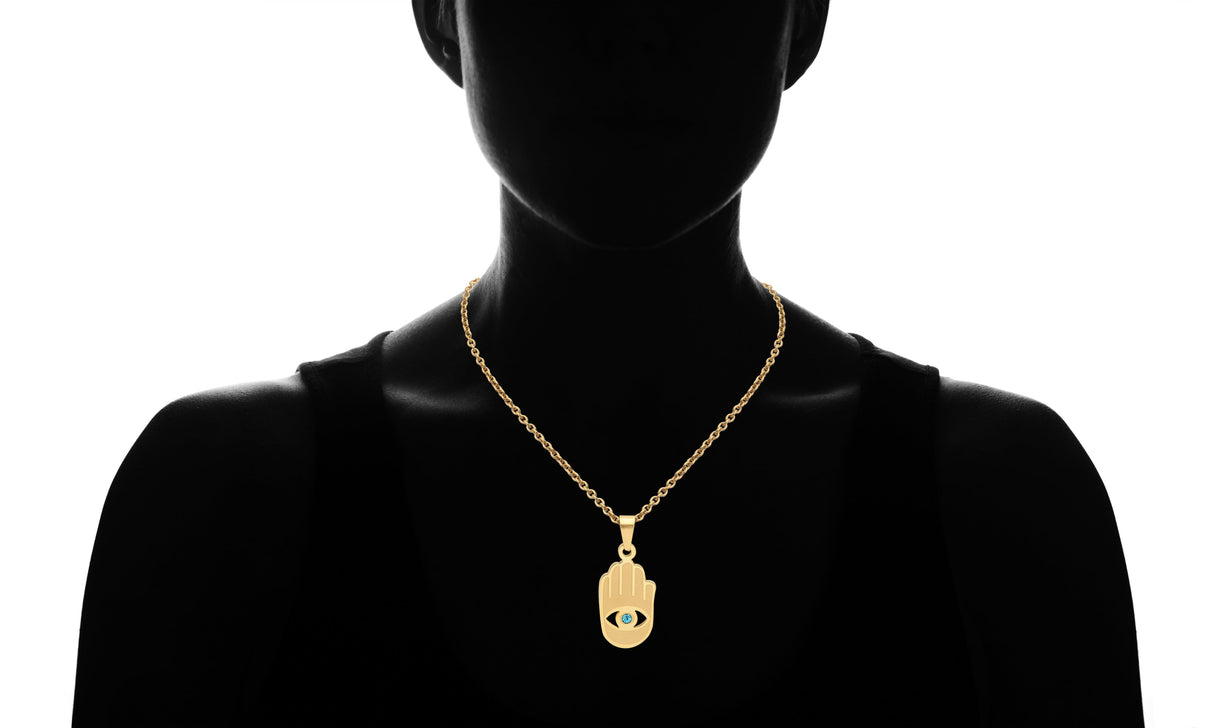 Hamsa Pendant With Blue Simulated Diamonds