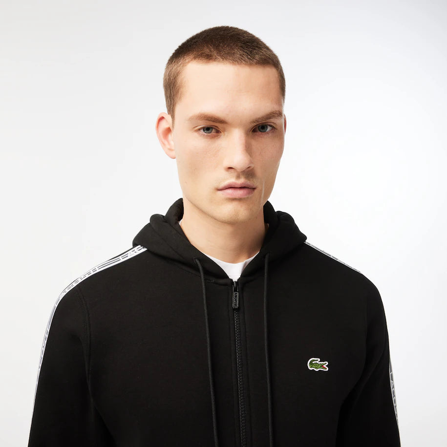 LACOSTE MEN’S CLASSIC FIT BRANDED STRIPES ZIP-UP HOODIE BLACK