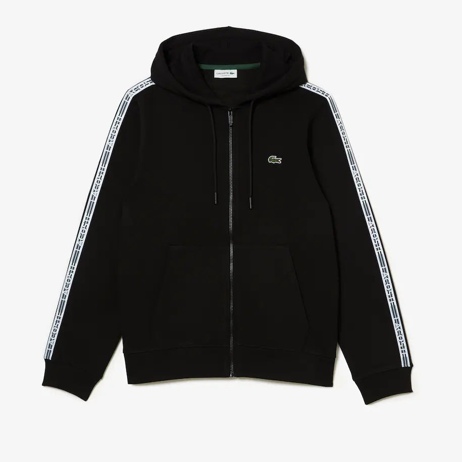 LACOSTE MEN’S CLASSIC FIT BRANDED STRIPES ZIP-UP HOODIE BLACK