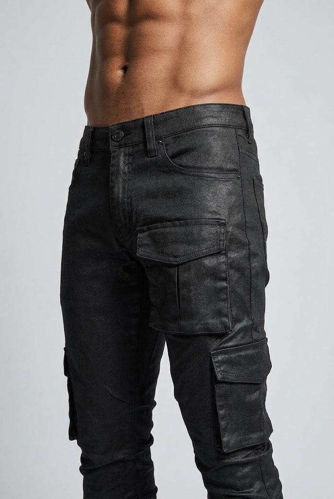 Blind Trust Stacked Wax Coated Cargo Jeans Black