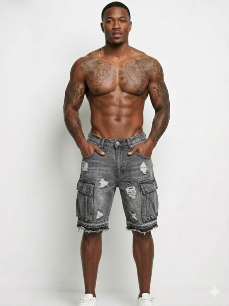 Summer streetwear outfit featuring black cargo denim shorts