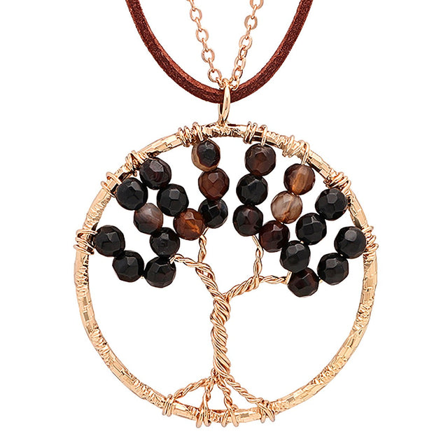 Steel Time Women's Brass Black Agate Tree Of Life Necklace With Brown Velvet