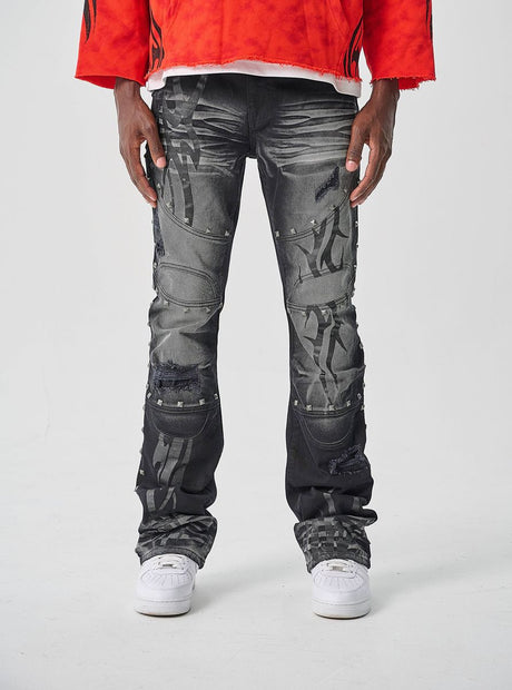 Black ash stacked jeans with metal studs streetwear style