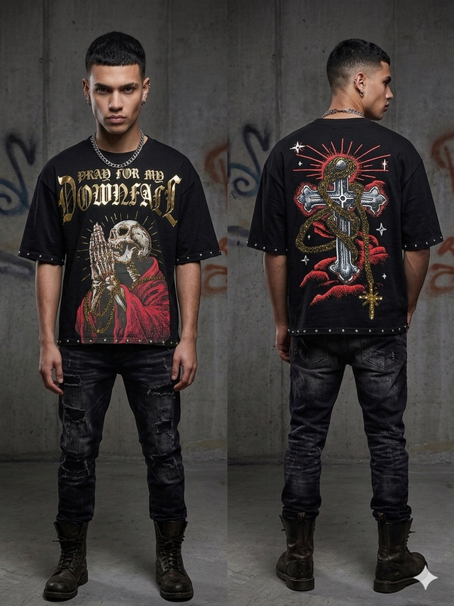 Streetwear outfit styled with a black rhinestone typography T-shirt