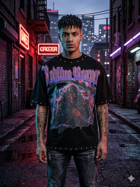 Streetwear outfit styled with a black rhinestone No Mercy T-shirt