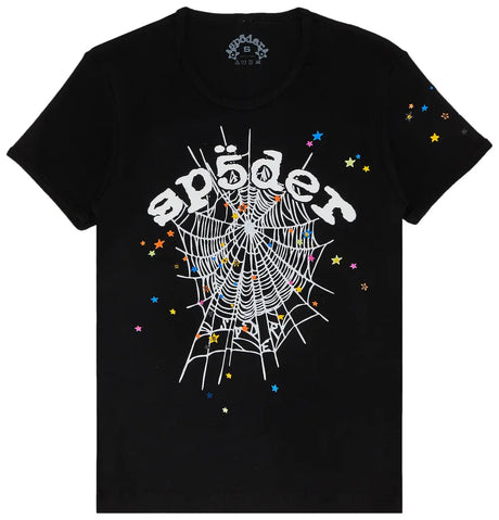 Streetwear outfit styled with a bold black web graphic T-shirt