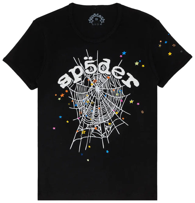 Streetwear outfit styled with a bold black web graphic T-shirt