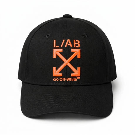 A black baseball cap featuring a prominent orange embroidered Off-White logo on the front, set against a plain white background.