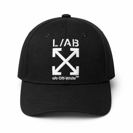 A black baseball cap featuring the white embroidered Off-White 'I/AB' arrow logo and 'c/o Off-White' text on the front, set against a plain white background.