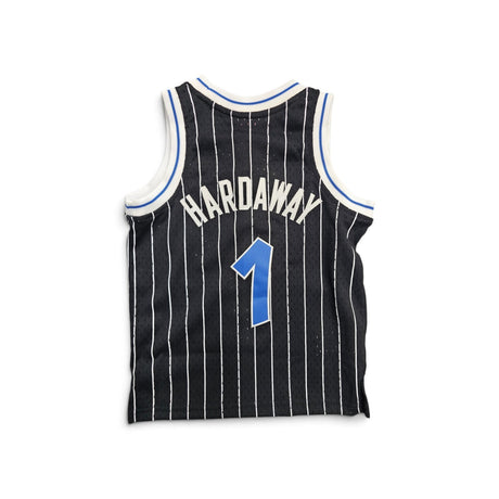 A black basketball jersey with white pinstripes, featuring 'HARDAWAY' and the number '1' on the back in blue and white.