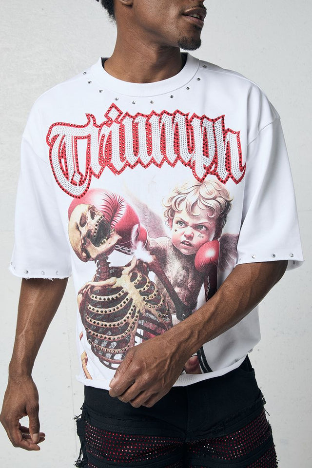 Bold streetwear outfit featuring a cropped tee with rhinestone shine