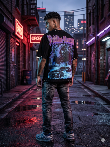 Urban outfit featuring a bold black typography T-shirt