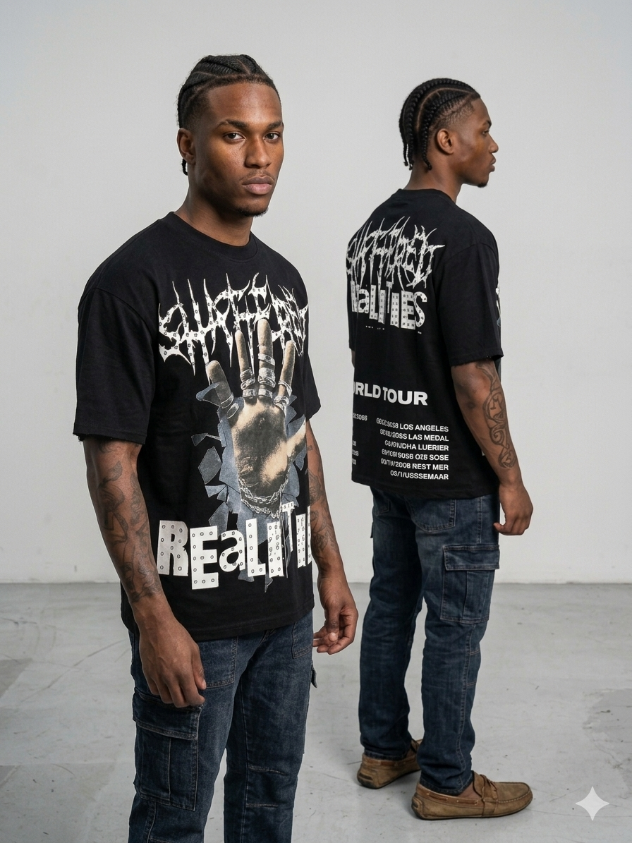 Casual outfit styled with a relaxed fit black T-shirt