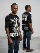 Casual outfit styled with a relaxed fit black T-shirt