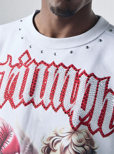 Confident streetwear outfit with rhinestone cropped T-shirt