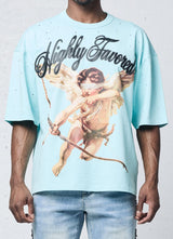 Confident streetwear outfit featuring aqua blue crystal T-shirt