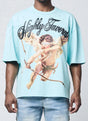 Confident streetwear outfit featuring aqua blue crystal T-shirt