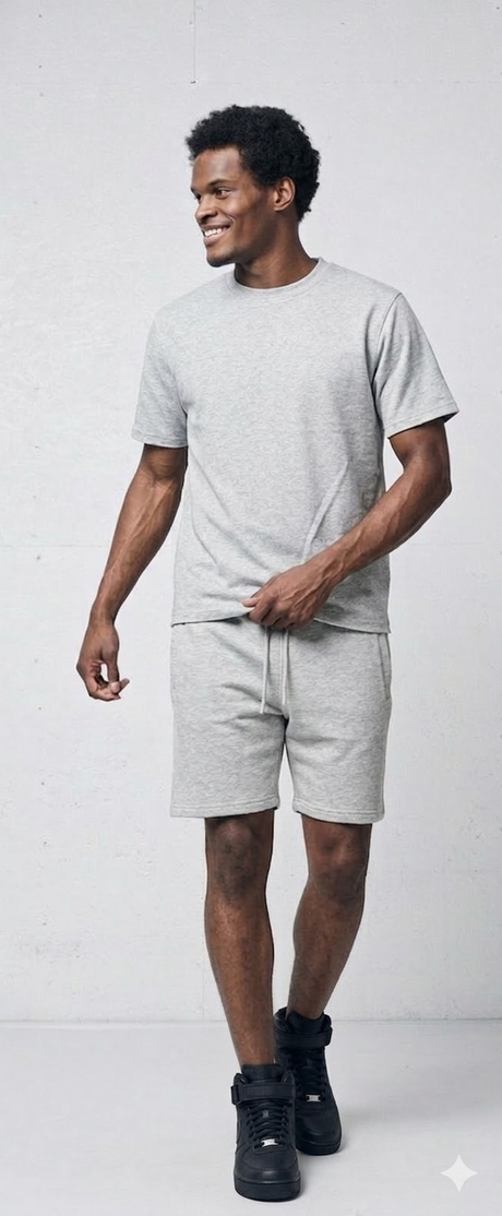 Comfortable streetwear outfit featuring a cozy fleece short set