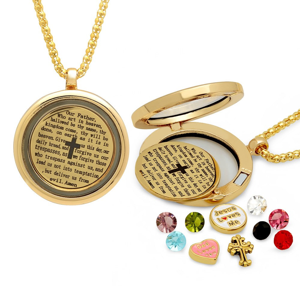 'Our Father' Prayer Pendant With Interchangeable 'God Loves You', 'Jesus Loves Me', Cross And Crystal Charms