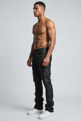 Blind Trust Stacked Wax Coated Cargo Jeans Black